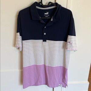 Puma Men's Navy and Lavender Striped Polo Shirt